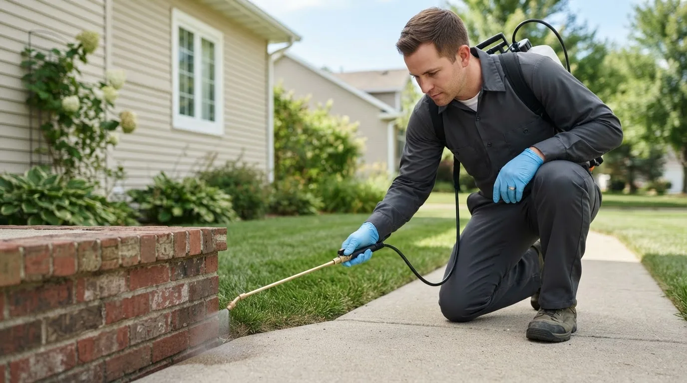 Pest control technician treating a home near Howe, OK