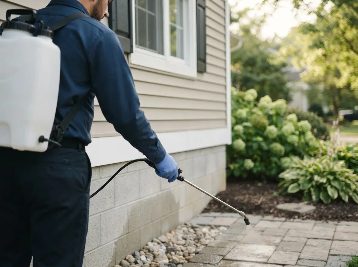 Pest control technician inspecting a home in Howe, OK